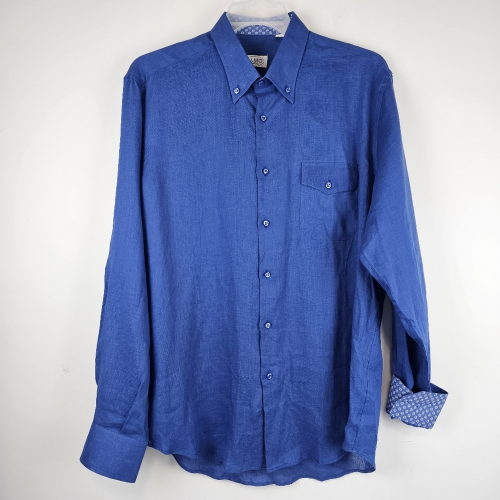 ELMO Taormina Italy Men's Linen Blue Long Sleeve Button Up Shirt Size 43